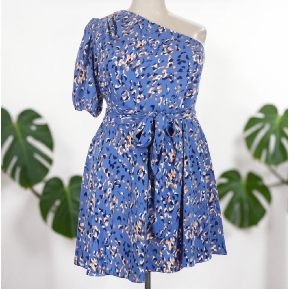 Blue Leopard Print One Shoulder Dress Women Size 3X Plus Size Fit Flare Dress
